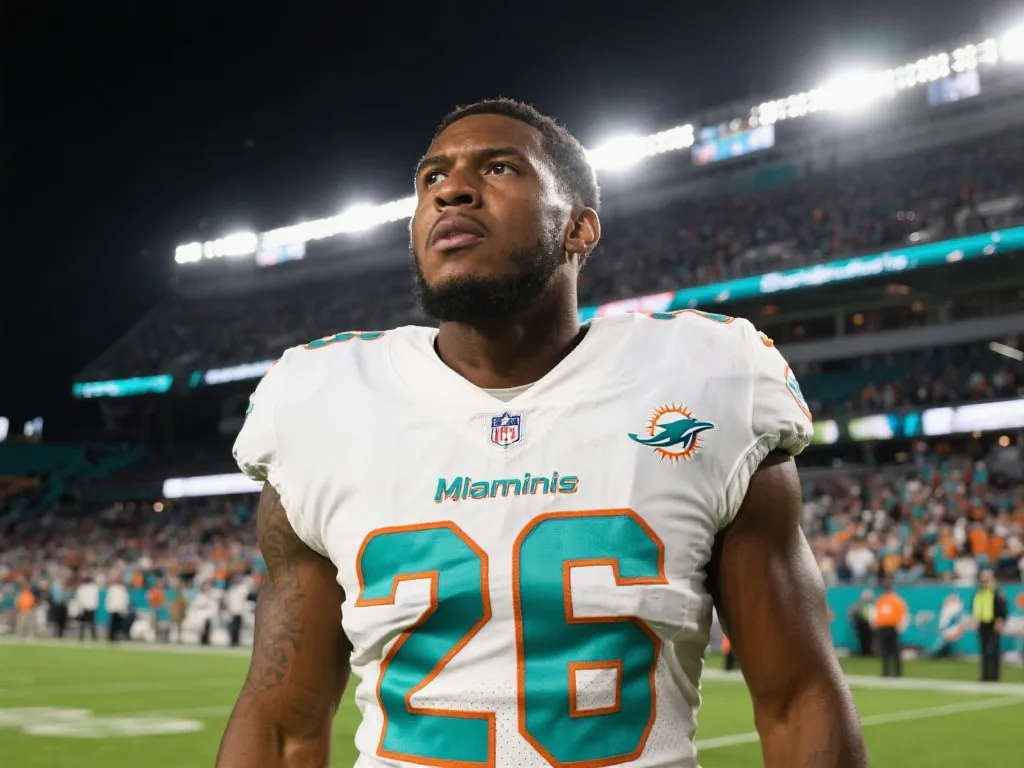 达伦·沃勒身穿迈阿密海豚队球衣，神情坚定地走上球场